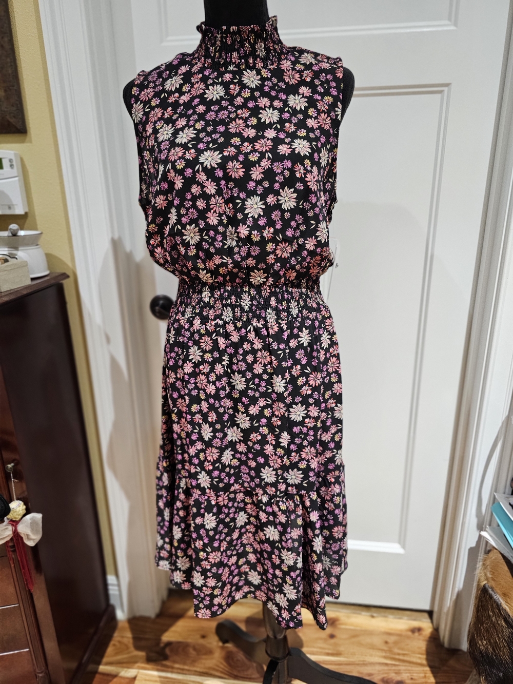Nanette Lepore Black Midi Dress with Pink & Cream Floral Print, NWT